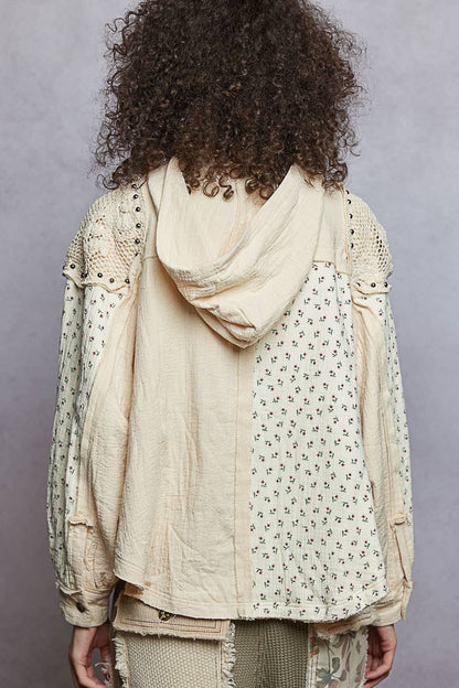 Pol Clothing - Long sleeve mock neck double gauze contrast stud hoodie top