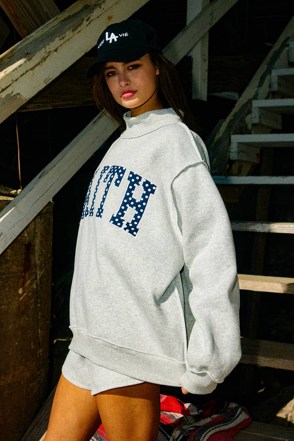FAITH | Embroidered Polka-Dot Mock Neck Sweatshirt