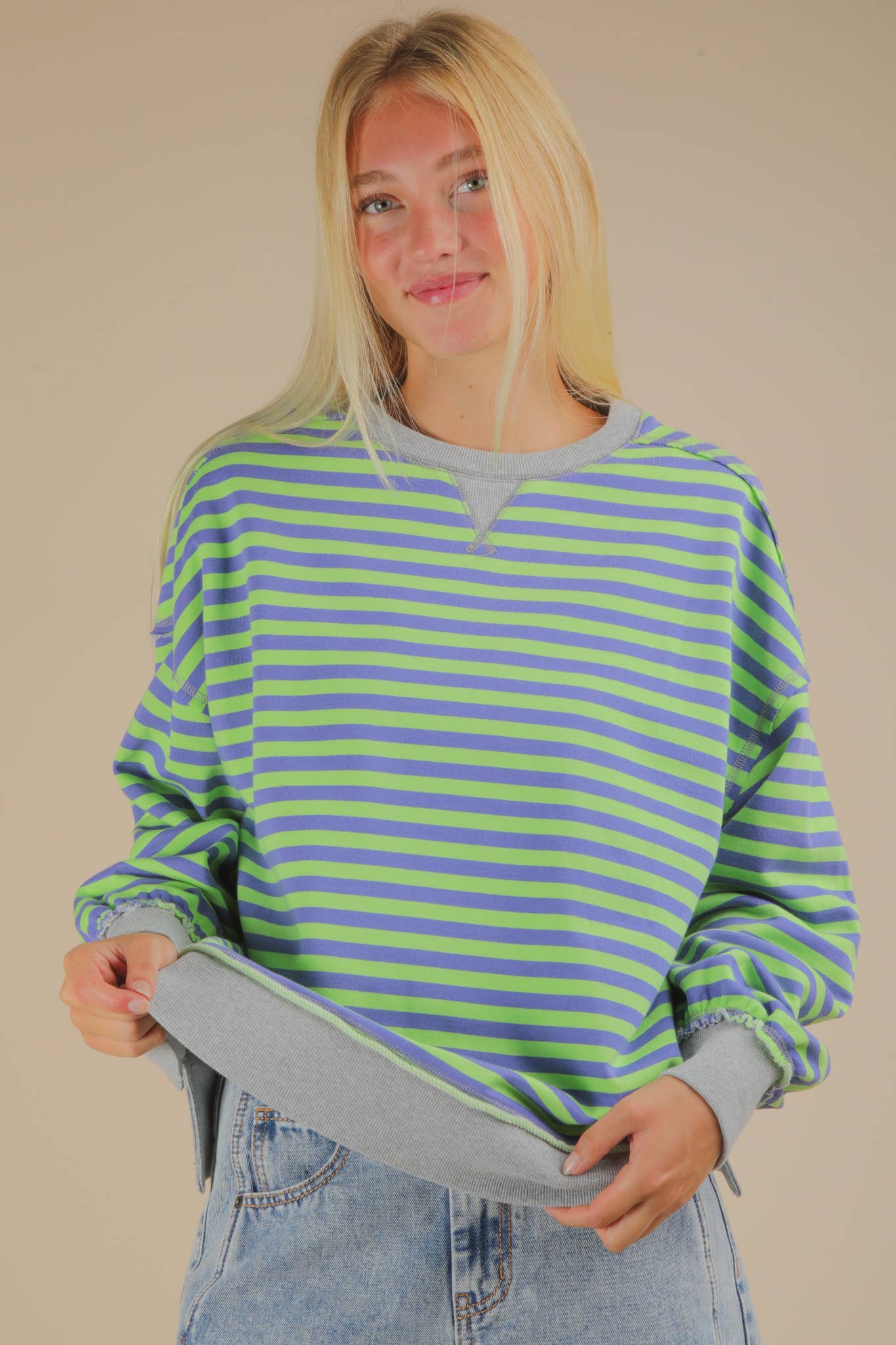 Stripe Comfy Casual Oversized Knit Top: GREEN/BLUE