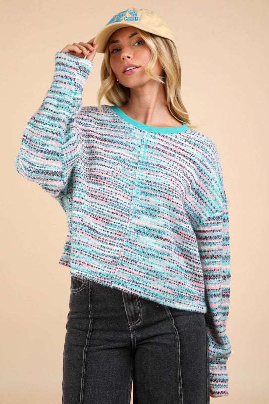 Multi Color Bounce Oversized Knit Top: SEAFOAM MIX