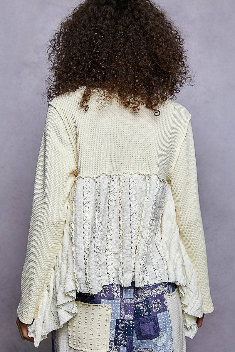 Pol Clothing - Round neck long sleeve with lace ruffle raw edge knit top