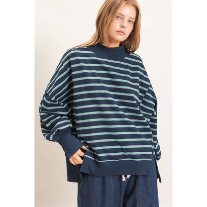 Striped Mock Neck Sweatshirt: NAVY/SAGE