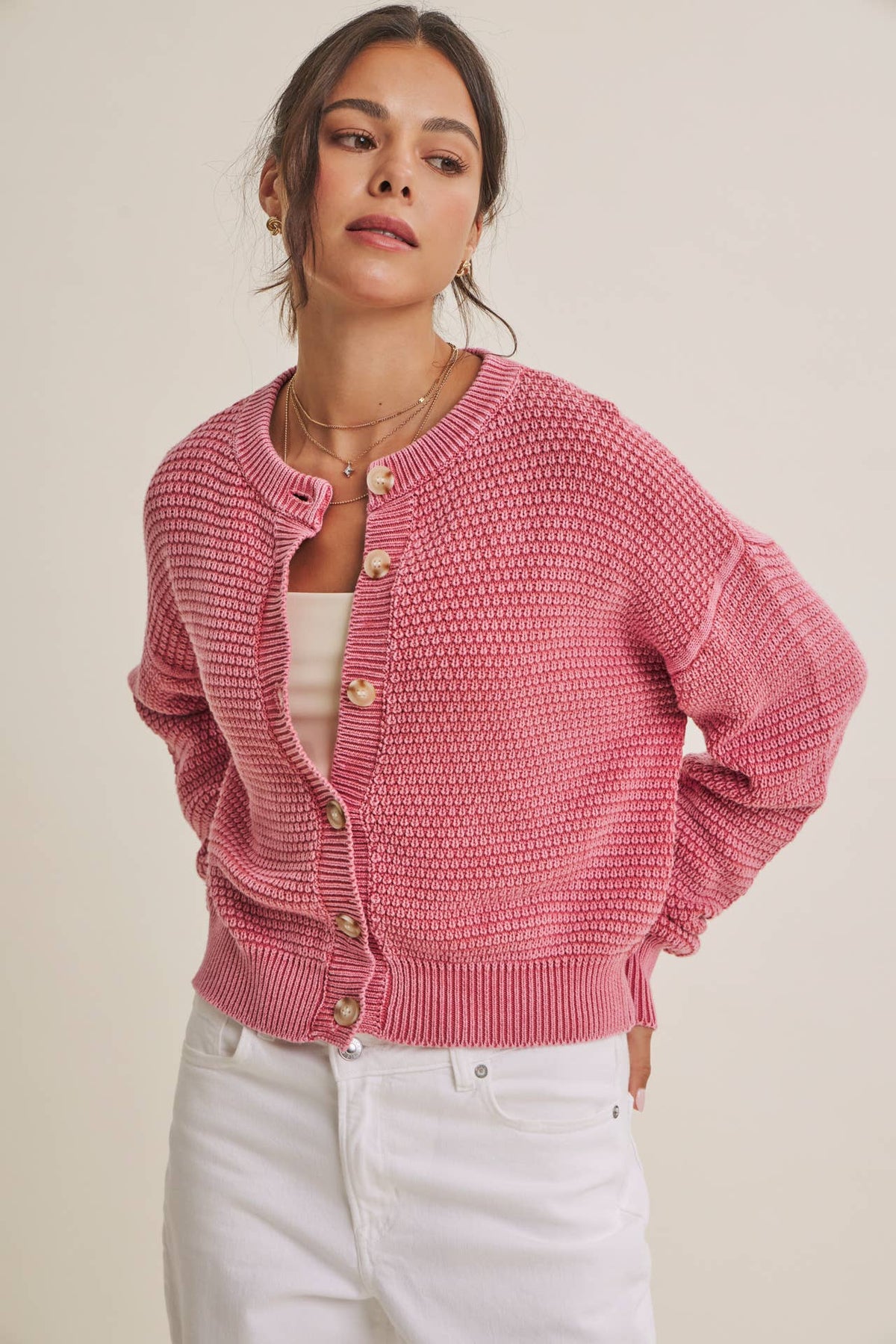 SEASONLESS MINERAL-WASHED COTTON WAFFLE BUTTON-DOWN CARDIGAN: PALE MAUVE