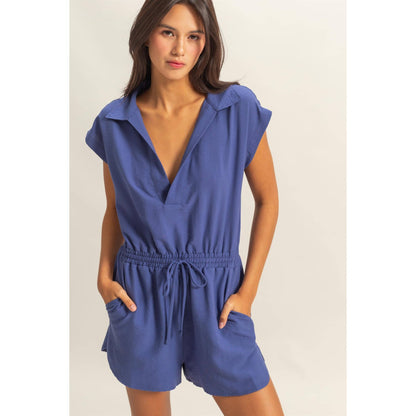 Collared Romper with Buttonless Placket