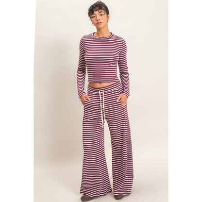 Striped Waffle Long Sleeve Set: DARK CHERRY