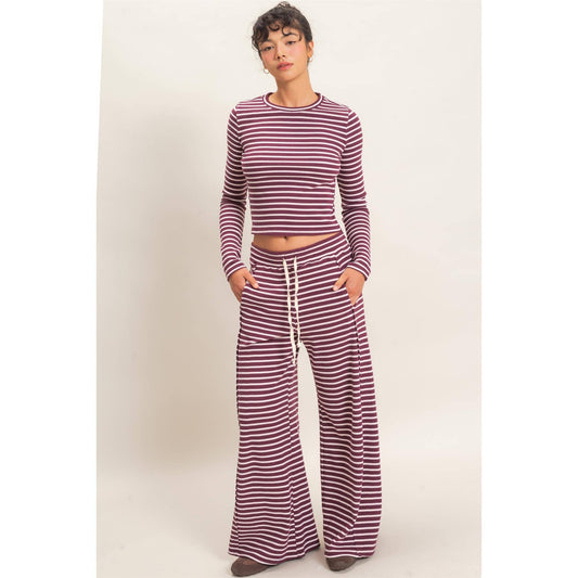 Striped Waffle Long Sleeve Set: DARK CHERRY