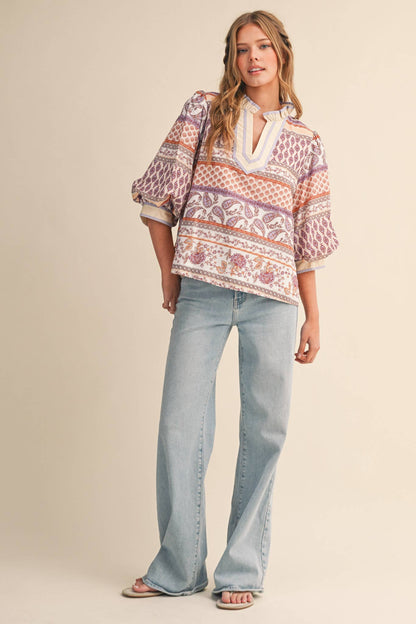 EXCLUSIVE PRINT BUBBLE SLEEVE V NECK