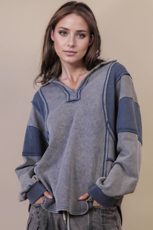 Mineral Washed Oversized French Terry Knit Top: DENIM