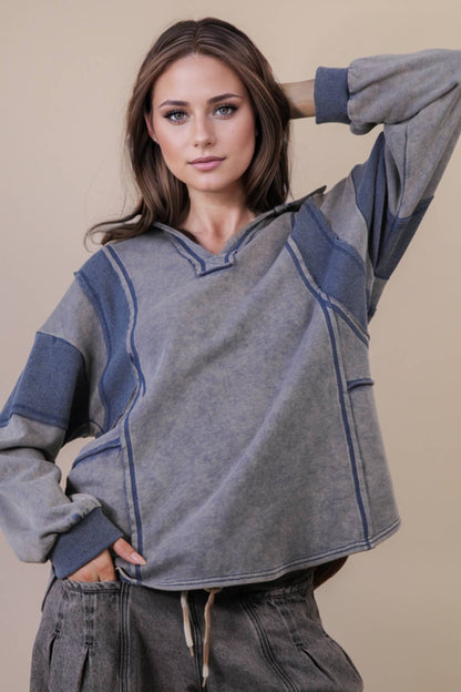 Mineral Washed Oversized French Terry Knit Top: DENIM
