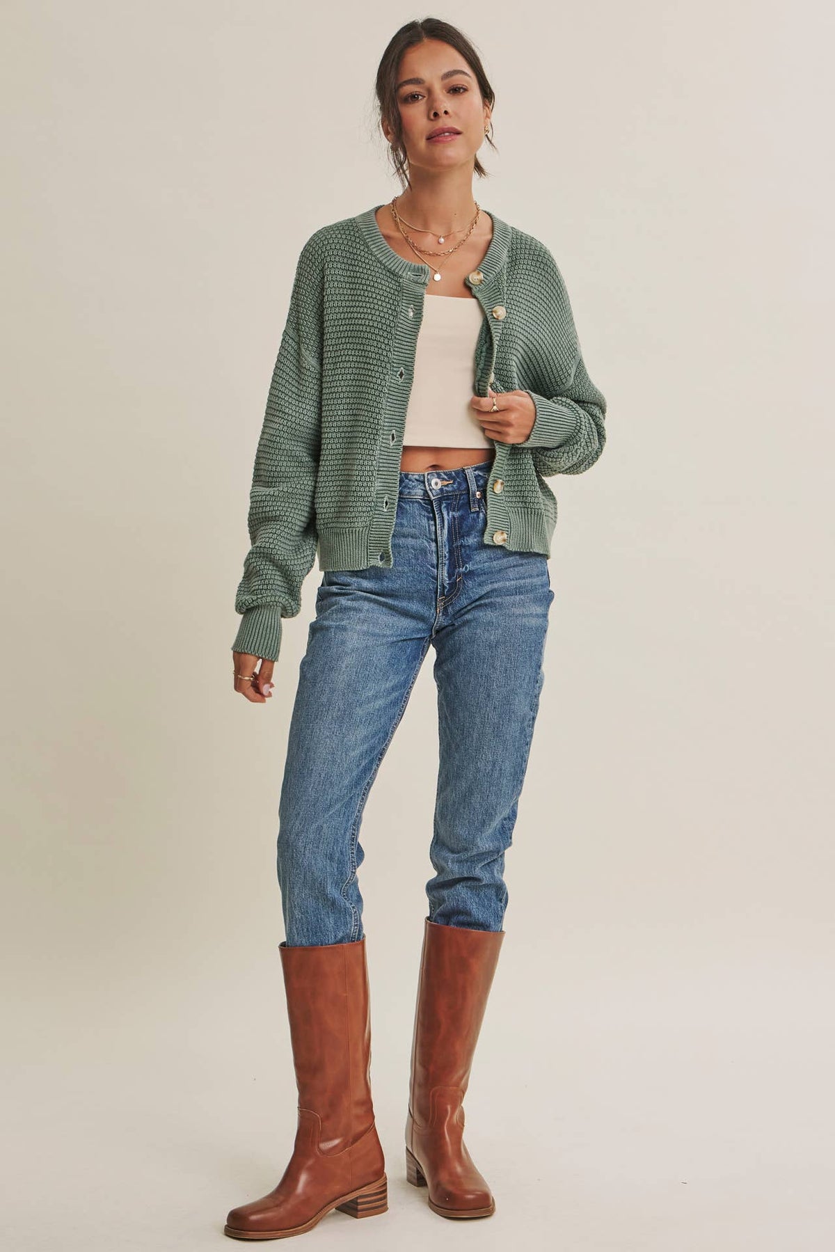 SEASONLESS MINERAL-WASHED COTTON WAFFLE BUTTON-DOWN CARDIGAN: DUSTY GREEN