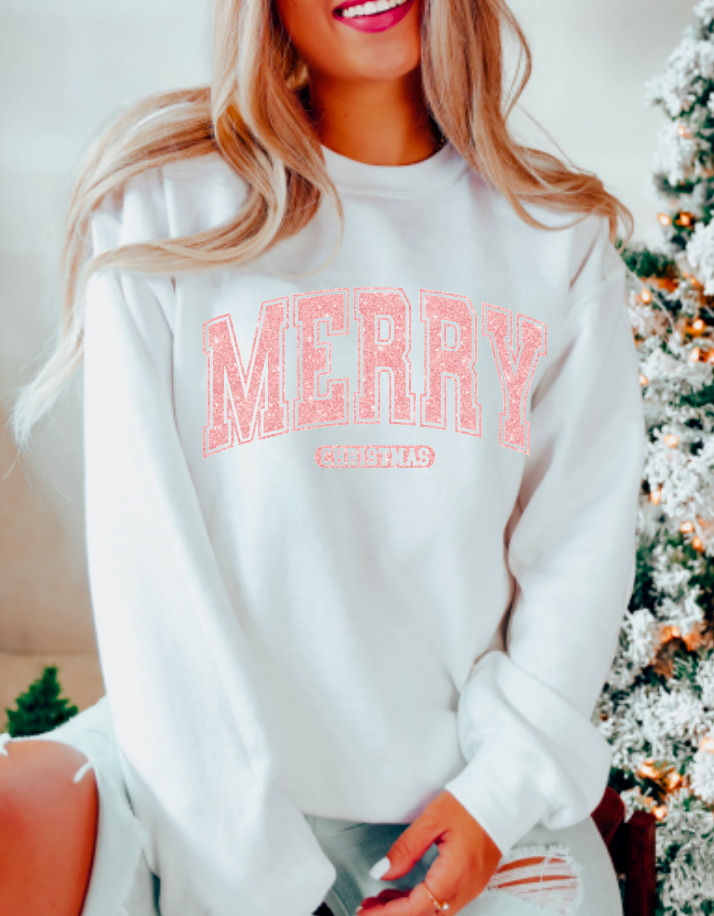 Preppy Pink Faux Glitter Merry Christmas Graphic Sweatshirt