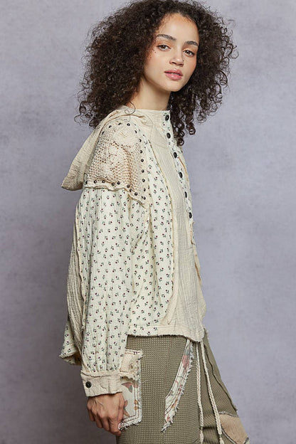 Pol Clothing - Long sleeve mock neck double gauze contrast stud hoodie top