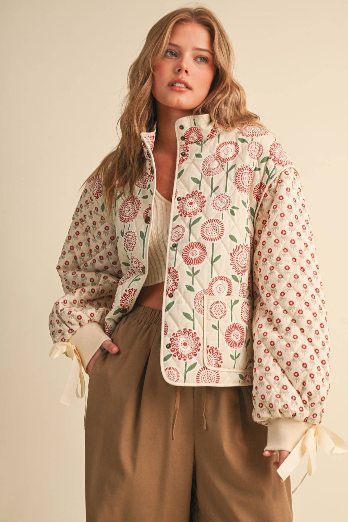 QUILTED MIXED FLORAL PRINT JACKET WITH RIBBON DETAIL
