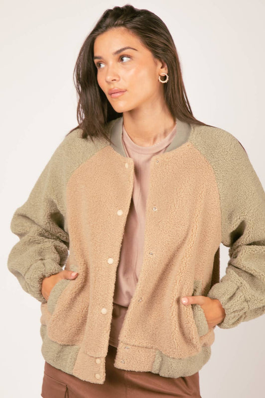 Raglan Sleeve Oversized Color Block Fleece Jacket: SAGE