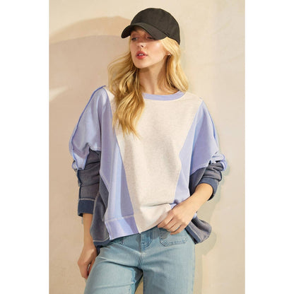 MINERAL WASH COLOR BLOCK DOLMAN SLEEVE PULLOVER