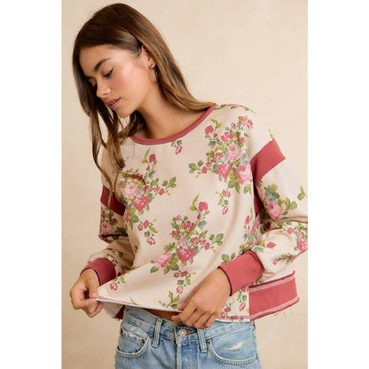FLORAL BRUSHED TERRY OPEN BACK LONG SLEEVES TOP