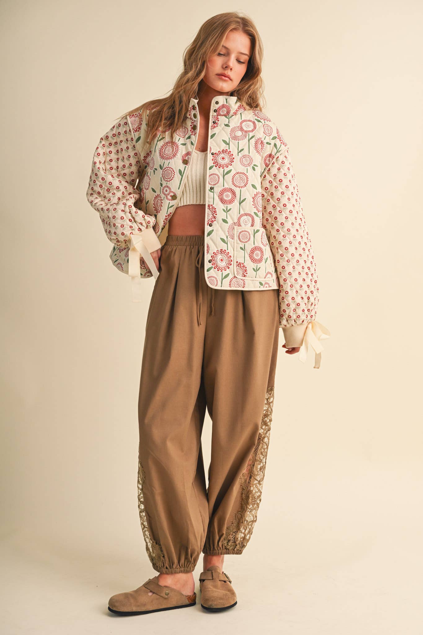 QUILTED MIXED FLORAL PRINT JACKET WITH RIBBON DETAIL