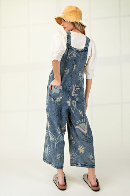 FLORAL PRINT WASHED DENIM JUMPSUIT PANTS