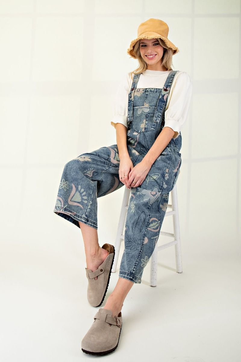 FLORAL PRINT WASHED DENIM JUMPSUIT PANTS