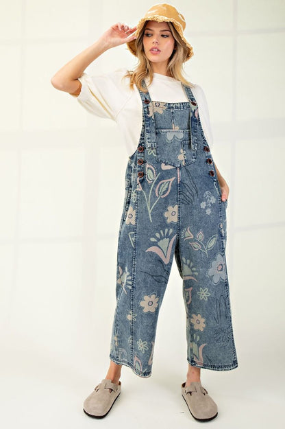 FLORAL PRINT WASHED DENIM JUMPSUIT PANTS