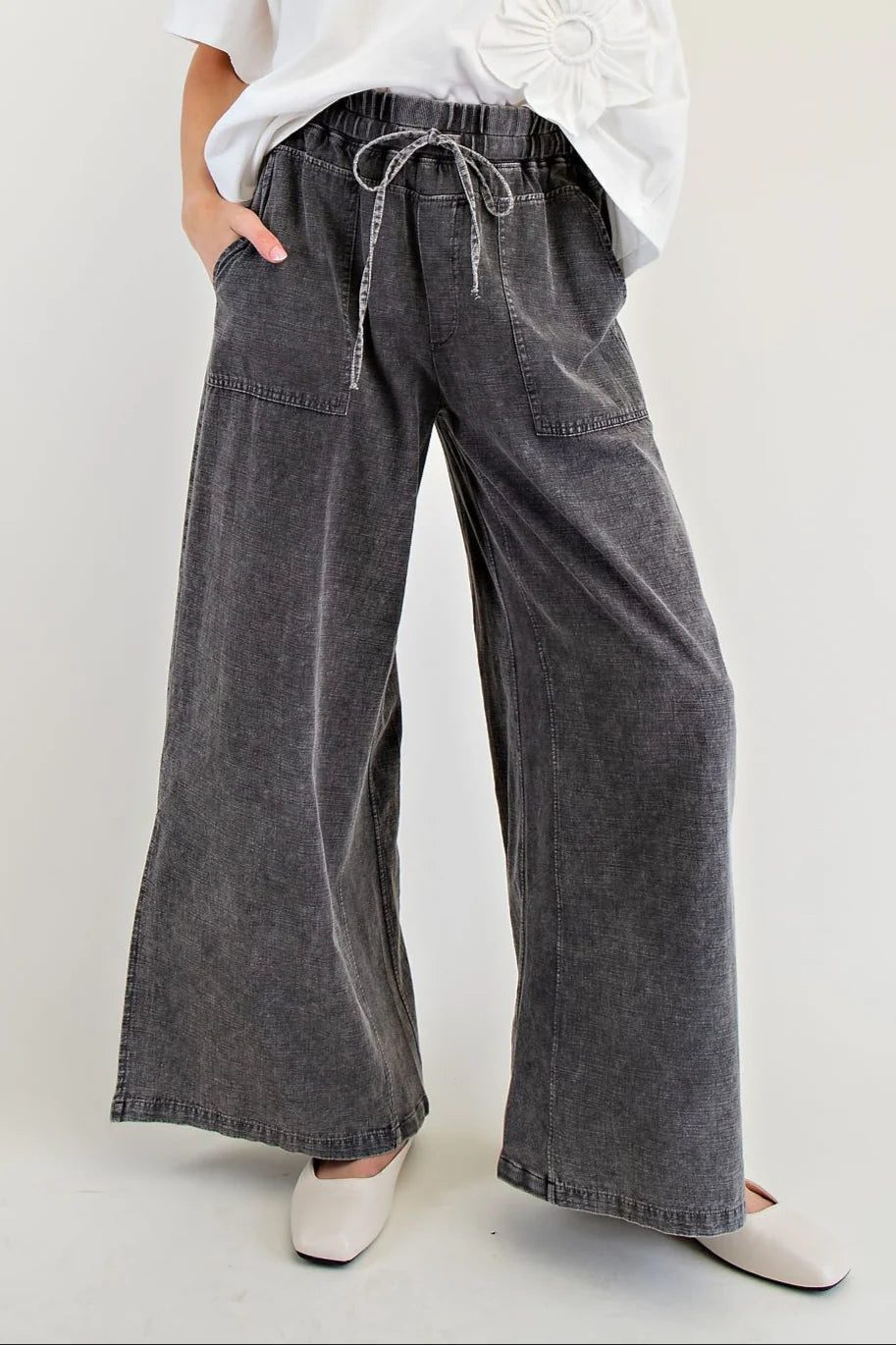 Cotton Mineral Washed Wide Leg Pants