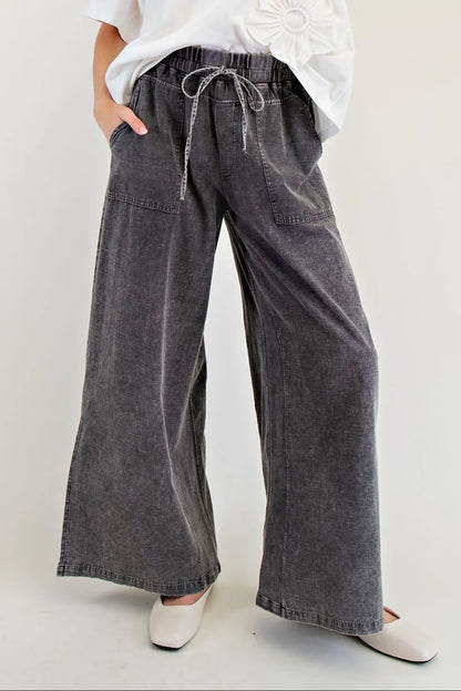 Cotton Mineral Washed Wide Leg Pants