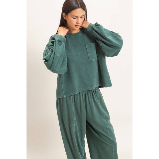 Mineral Wash Puff Long Sleeve Boxy Top: DARK GREEN