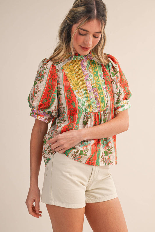 BORDER PRINT PIN TUCK BIB TOP