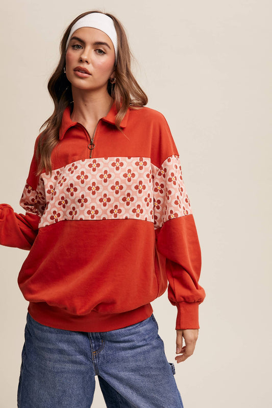 Retro Flower Panel Half-Zip Pullover