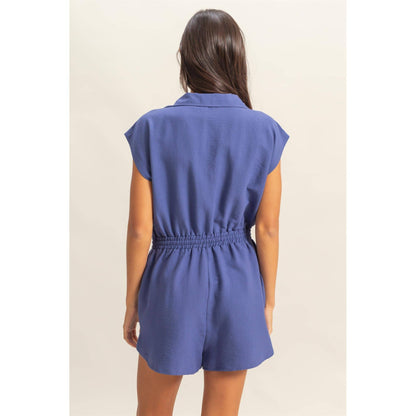 Collared Romper with Buttonless Placket