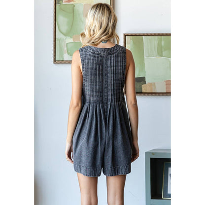 Front Pleated V Neck Sleeveless Denim Romper