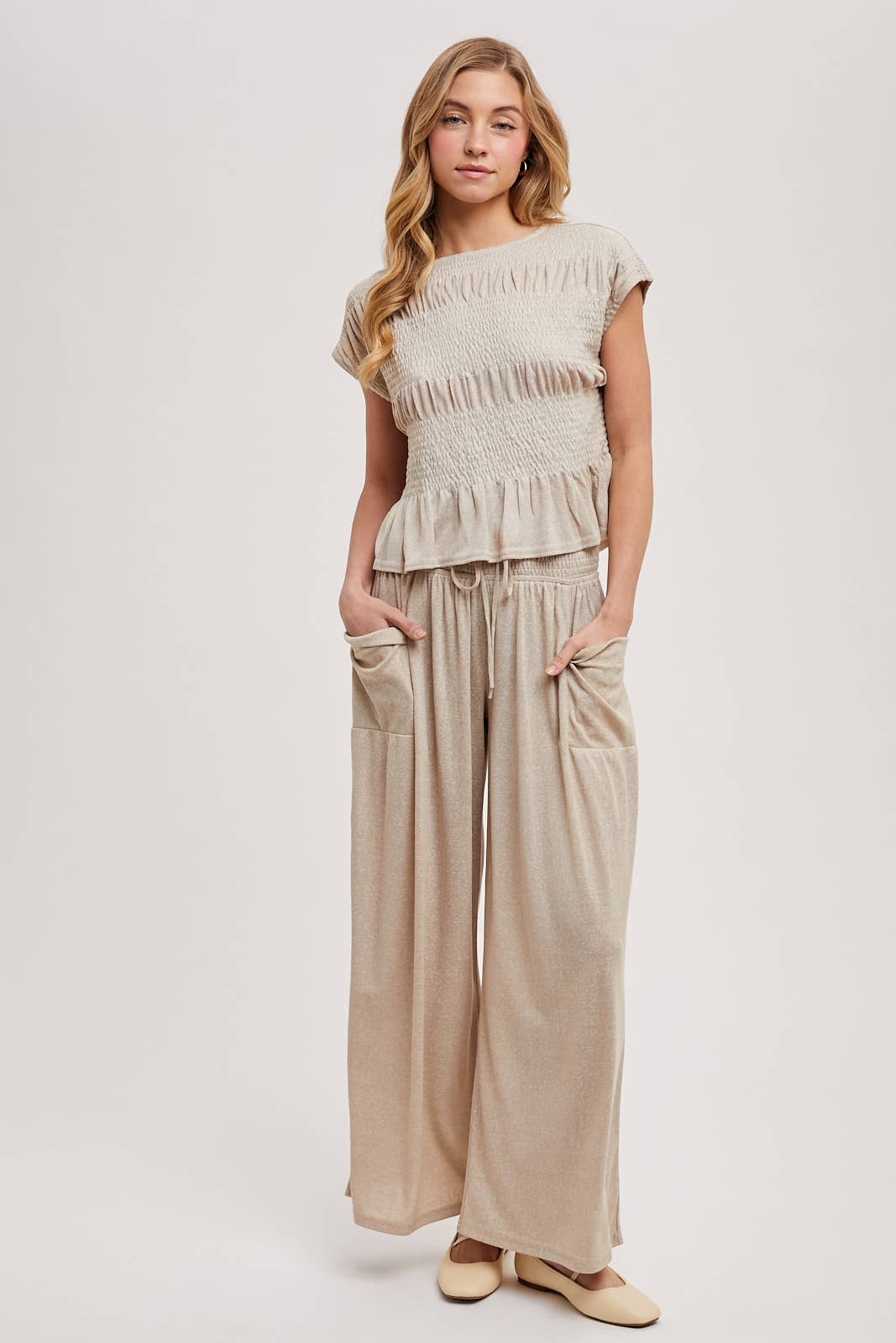 RELAXED KNIT SMOCKED TOP AND WIDE PANTS
