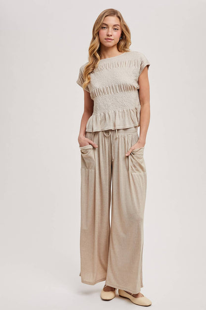 RELAXED KNIT SMOCKED TOP AND WIDE PANTS