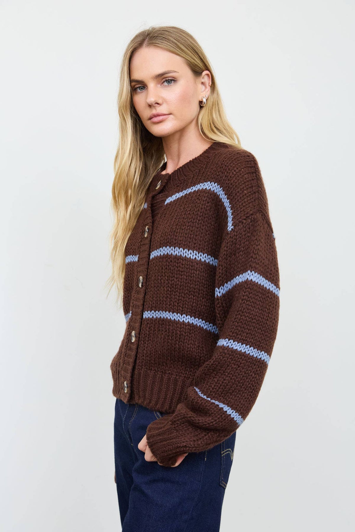 STRIPE JACQUARD BUTTON DOWN KNIT CARDIGAN