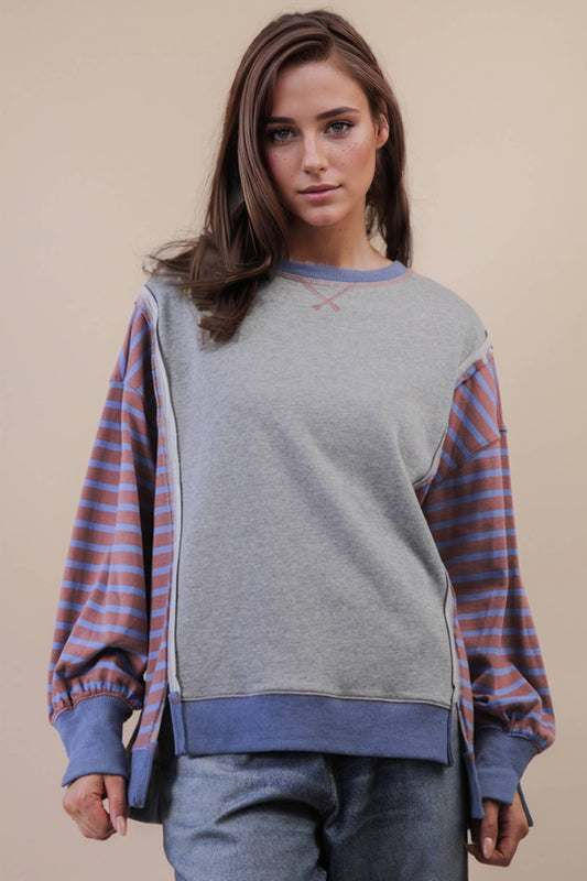 Oversized Striped Casual Knit Top: GREY