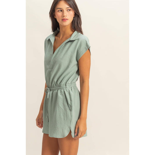 Collared Romper with Buttonless Placket