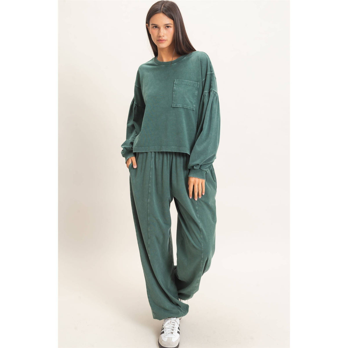 Mineral Wash Elastic Waist Jogger Pants: DARK GREEN