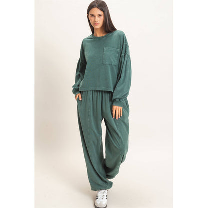Mineral Wash Elastic Waist Jogger Pants: DARK GREEN