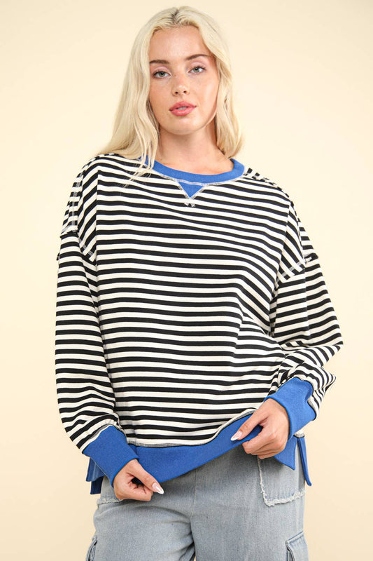 Stripe Comfy Casual Oversized Knit Top: BLACK/WHITE