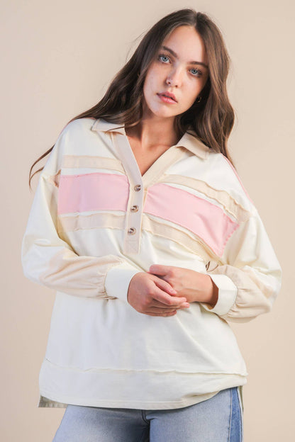 Color Block Oversized Collared Casual Knit Top
