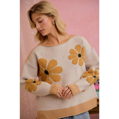 LATTE DAISY FLORAL RIBBED SWEATER