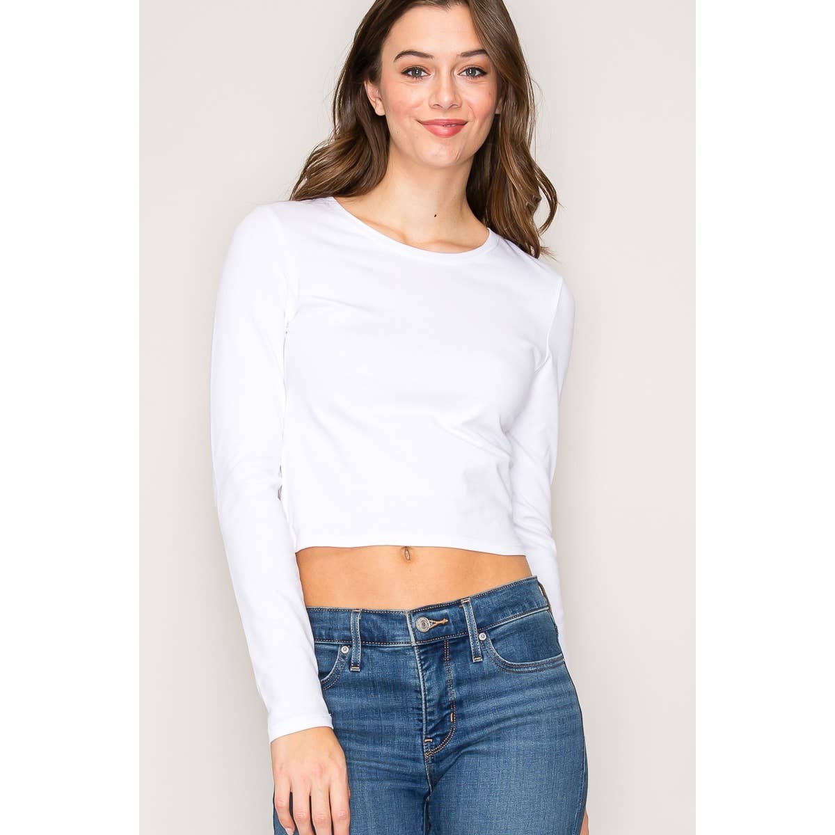 Crew Neck Long Sleeve Crop Top: White