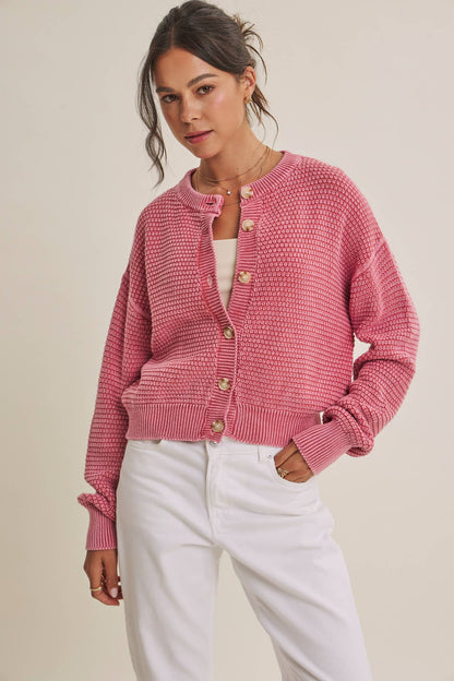 SEASONLESS MINERAL-WASHED COTTON WAFFLE BUTTON-DOWN CARDIGAN: PALE MAUVE