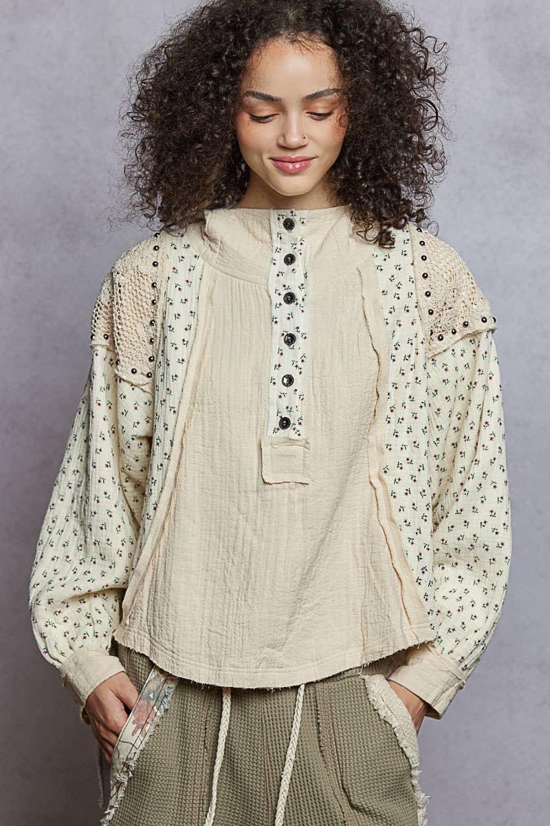 Pol Clothing - Long sleeve mock neck double gauze contrast stud hoodie top