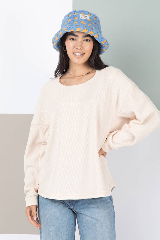 Oversized Solid Color Comfy Knit Top: Cream