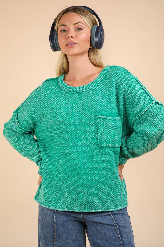 Mineral Washed Knit Oversized Sweater Pullover Top: KELLY GREEN