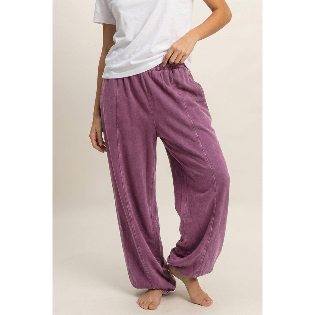 Mineral Wash Elastic Waist Jogger Pants: DARK CHERRY