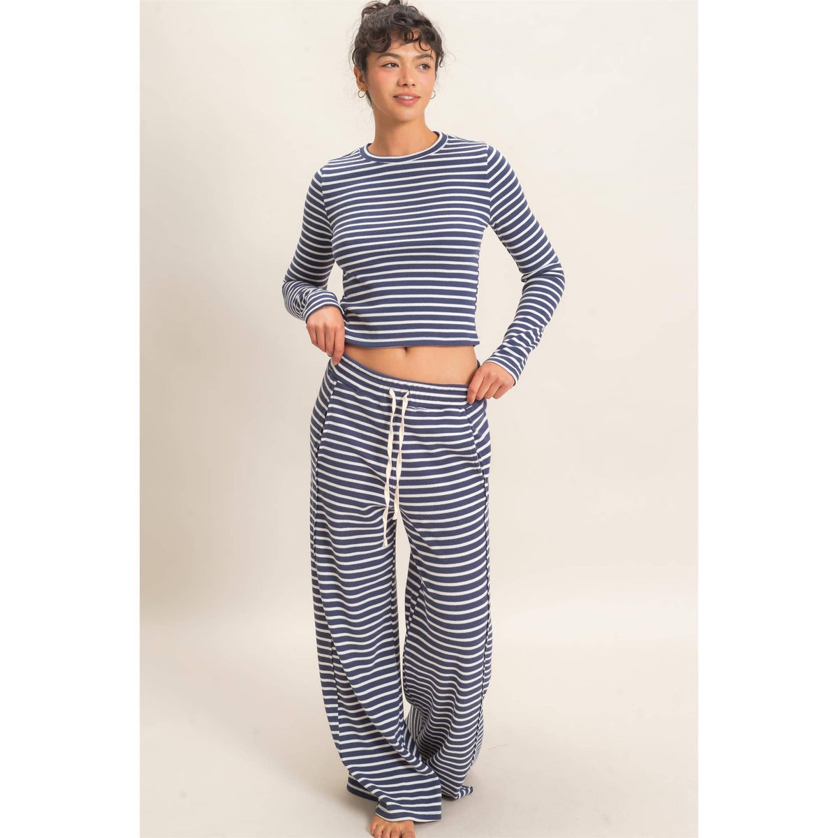 Striped Waffle Long Sleeve Set: NAVY