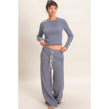 Striped Waffle Long Sleeve Set: NAVY