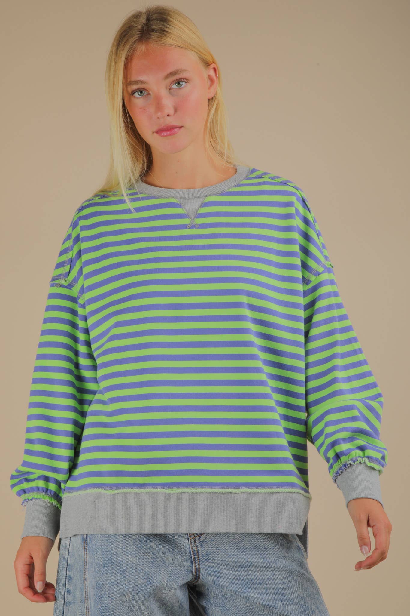 Stripe Comfy Casual Oversized Knit Top: GREEN/BLUE